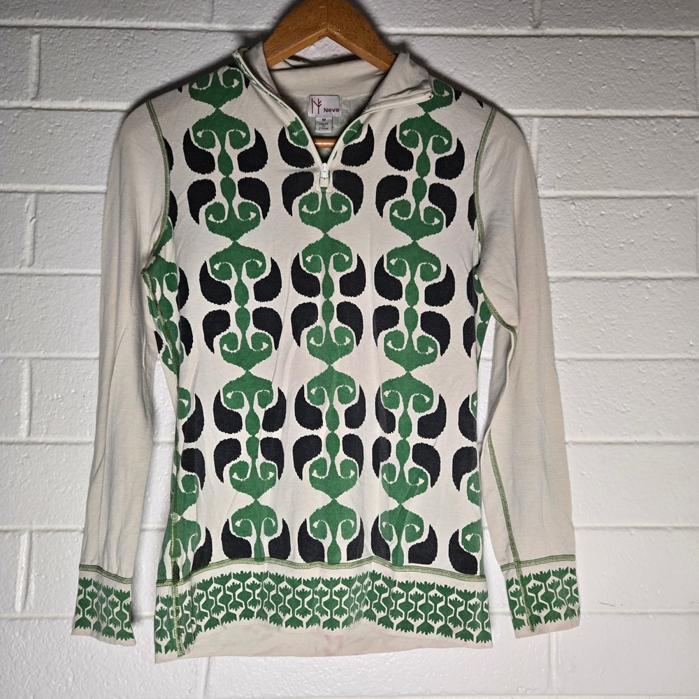 Neve Silk Wool Blend Quarter Zip Pullover Medium Nordic Print Winter Baselayer